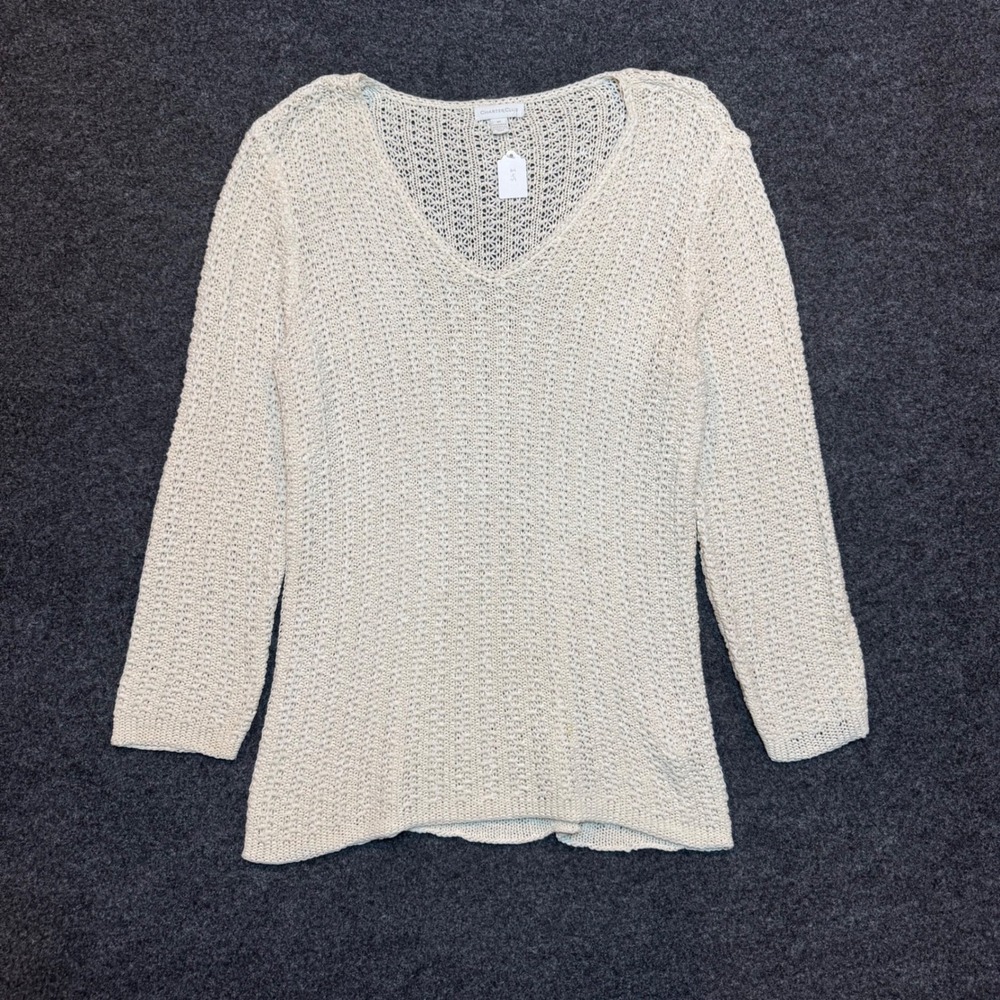 Charter Club Womens XL Ivory Cream Pointelle Open Knit V-Neck Sweater 3/4 Sleeve